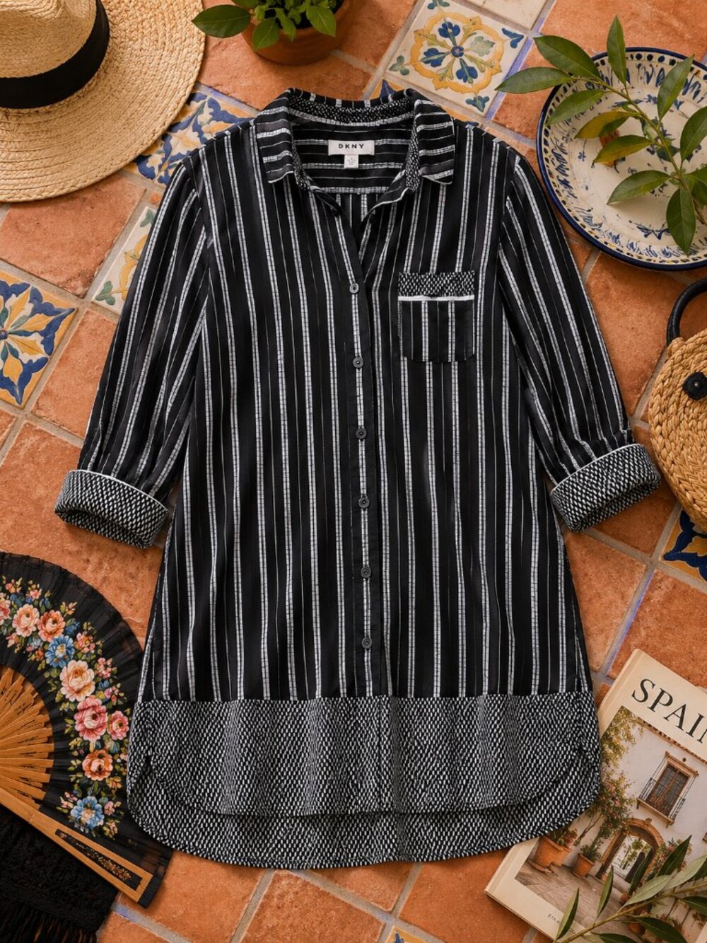 DKNY Black & White Striped Shirt Dress Women’s Size Medium